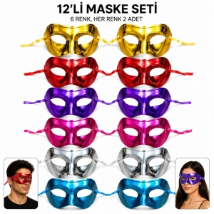 Mey İthalat® Metalik Venedik Toptan Parti Maskesi Seti – 6 Renk Karışık