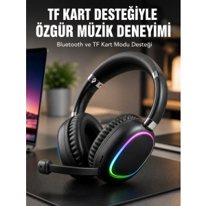 Mey İthalat® Mikrofonlu Bluetooth Kulak Üstü Kulaklık RGB Aydınlatmalı Type-C Şarjlı