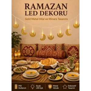 Mey İthalat® Minareli Hilal LED Işık Gold Metal Gövdeli Pilli Ramazan Dekoru