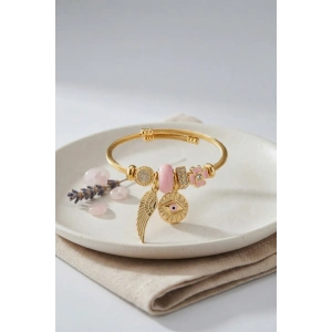 Mey İthalat® Pembe Göz Model Gold Renk Charmlı Bileklik