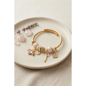 Mey İthalat® Pembe Kalp Model Gold Renk Charmlı Bileklik