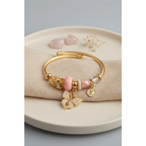 Mey İthalat® Pembe Kelebek Model Gold Renk Charmlı Bileklik