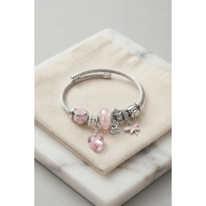 Mey İthalat® Pembe Kristal Kalp Charmlı Gümüş Renk Bileklik