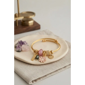 Mey İthalat® Pembe Papatya Model Gold Renk Charmlı Bileklik