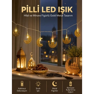 Mey İthalat® Pilli Minareli Hilal LED Işık Gold Metal Ramazan Dekorasyonu