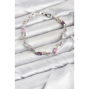 Mey İthalat® Pirinç Gümüş Renk Pembe ve Mor Zirkon Taşlı Çiçek Model Kadın Bileklik