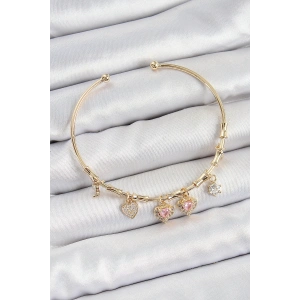 Mey İthalat® Pirinç Zirkon Taşlı Pembe Kalp Model Gold Renk Charm Bileklik