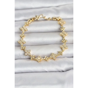 Mey İthalat® Pirinç Zirkon Taşlı Yonca Model Gold Renk Kadın Bileklik