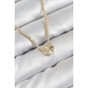 Mey İthalat® Pirinç Zirkon Taşlı Yonca Model Gold Renk Kadın Kolye