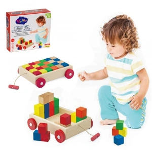 Mey İthalat® Renkli Küp Bloklu  Kutulu Ahşap  Çekçek Araba