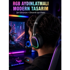 Mey İthalat® RGB Işıklı Bluetooth Mikrofonlu Kulaklık Uzun Süreli Kullanım Type-C Şarjlı