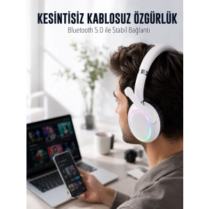 Mey İthalat® RGB Işıklı Mikrofonlu Bluetooth Kulaklık Beyaz Over-Ear Tasarım Type-C Şarjlı