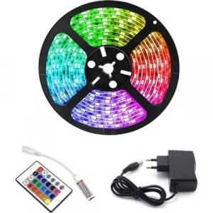 Mey İthalat® Rgb Şerit 5 Metre 16 Renkli Kumandalı Adaptörlü Çift Taraflı Bant