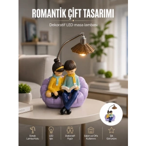 Mey İthalat® Romantik Çift Figürlü Okuyan Çift Masa Lambası Dekoratif LED Aydınlatma