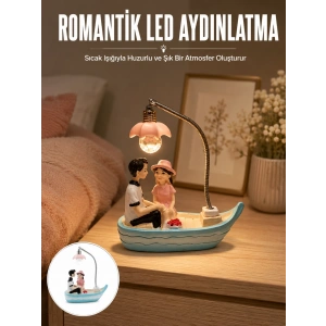 Mey İthalat® Romantik Sandal Üzerinde Çift Figürü LED Gece Lambası Masa Dekoru Yeni Nesil