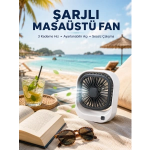 Mey İthalat® Şarjlı Masaüstü Fan 3 Kademeli Hız Ayarlı Güçlü Hava Akışı