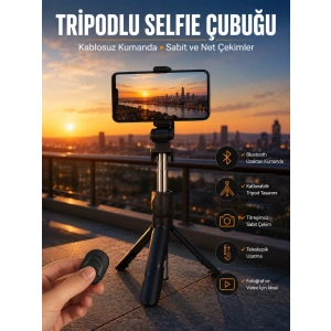 Mey İthalat® Selfie Çubuğu Tripod Kumandalı Telefon Tutucu Siyah