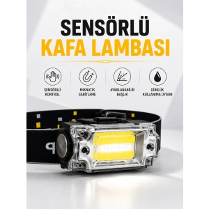 Mey İthalat® Sensör Kontrollü Şarjlı Beyaz LED Kafa Lambası ve El Feneri
