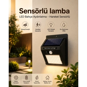 Mey İthalat® Sensörlü, Güneş Enerjili LED Duvar Lambası Bahçe ve Balkon Aydınlatma