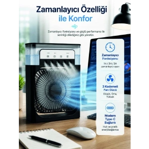 Mey İthalat® Su Hazneli Püskürtmeli Fan 1-3-5 Püskürtme Seçeneği, Type-C Güç Girişi
