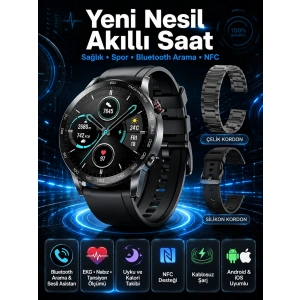 Mey İthalat® Suya Dayanıklı Dokunmatik Akıllı Saat Bluetooth 5.0, Sesli Asistan ve Sağlık Takibi