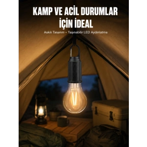 Mey İthalat® Taşınabilir Askılı Ampul Kamp Lambası Askılı Type-C Şarjlı Bahçe Lambası