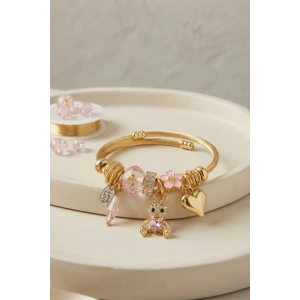 Mey İthalat® Tavşan Model Gold Renk Pembe Charmlı Bileklik