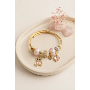 Mey İthalat® Tedy Bear Model Gold Renk Pembe Charmlı Bileklik
