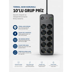 Mey İthalat® Termal Akım Korumalı USB Type-C Girişli 10lu Grup Priz 2500W Güç Kapasitesi (Kopya)
