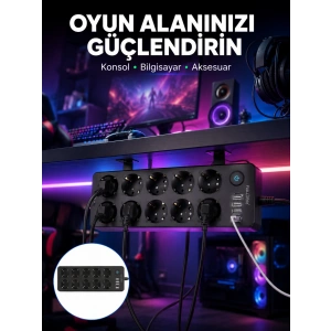 Mey İthalat® USB ve Type-C Çıkışlı 10lu Akım Korumalı Çoklu Priz Güç Dağıtıcı