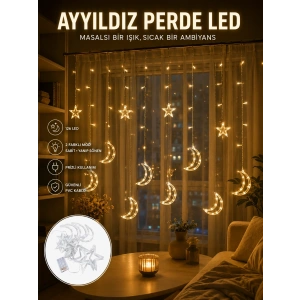 Mey İthalat® Yıldız ve Ay Figürlü Prizli Perde LED Işık Romantik Ortam Aydınlatması Yeni Nesil