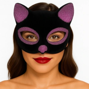 Siyah Renk Pembe Simli Süet Kaplama Kedi Maskesi 18x14 Cm