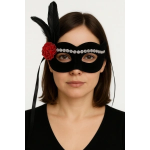 Siyah Renk Süet Kaplama Gümüş Dantelli Kırmızı Gül Tasarımlı Parti Maskesi 18x20 Cm