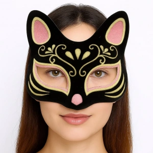 Siyah Renk Süet Kaplama Üzeri Pembe Sarı Simli Kedi Maskesi 17x14 Cm