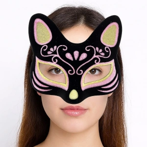 Siyah Renk Süet Kaplama Üzeri Sarı Pembe Simli Kedi Maskesi 17x14 Cm