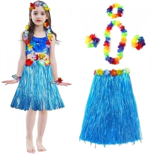 Yetişkin Ve Çocuk Uyumlu Hawaii Luau Aloha Mavi Püsküllü Etek Kolye Taç Ve 2 Adet Bileklik Seti