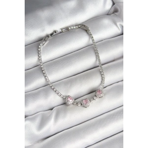 BFS Pirinç Sıralı Pembe Kalp Figürlü Zirkon Taşlı Gümüş Renk Kadın Bileklik