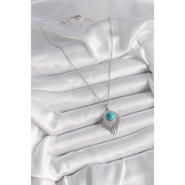 BFS 316L Çelik Gümüş Renk Zincir Mavi Boncuklu Zirkon Taşlı Kadın Kolye