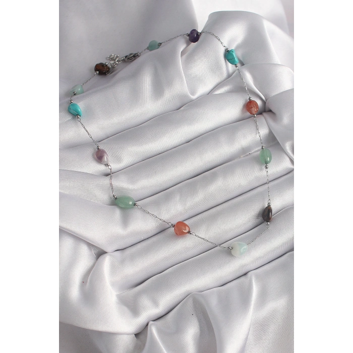 BFS 316L Çelik Gümüş Renk Zincir Renkli Doğaltaş Model Kadın Kolye