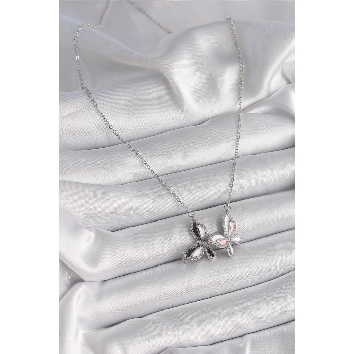 BFS 316L Çelik Gümüş Renk Zincir Zirkon Taşlı Renkli Kelebek Model Kadın Kolye