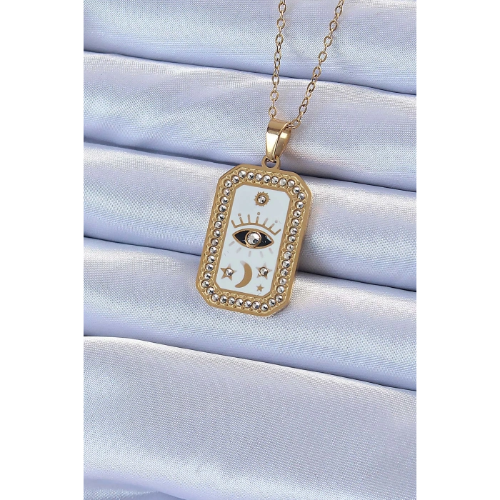 BFS 316L Çelik Zincir Altın Renk Mineli Zirkon Taşlı Göz Figür Tarot Kolye