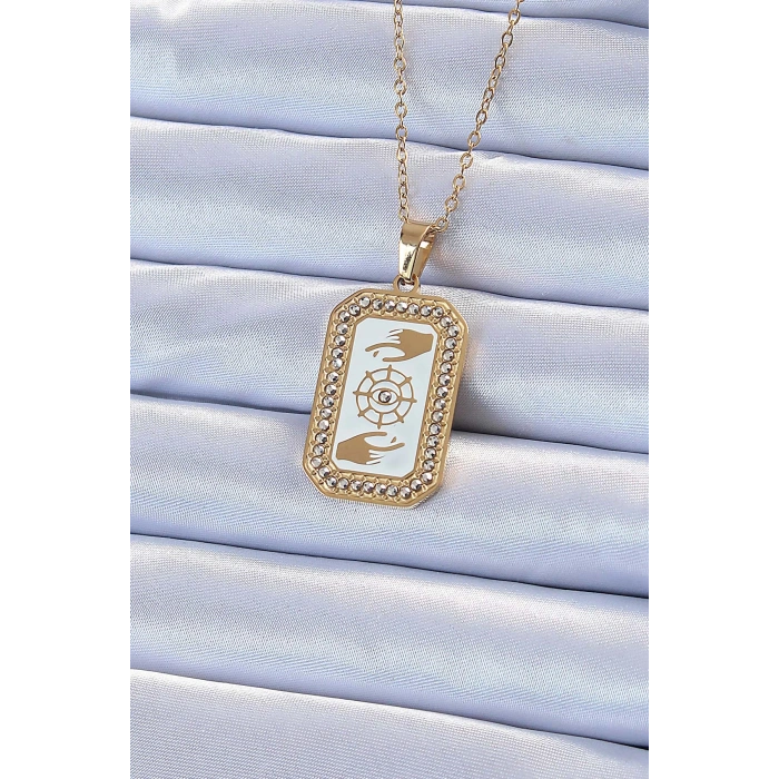 BFS 316L Çelik Zincir Altın Renk Mineli Zirkon Taşlı Göz Figür Tarot Kolye