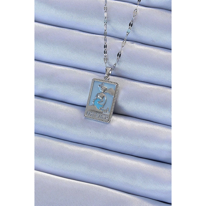 BFS 316L Çelik Zincir Gümüş Renk Mavi Mineli Tarot Kolye