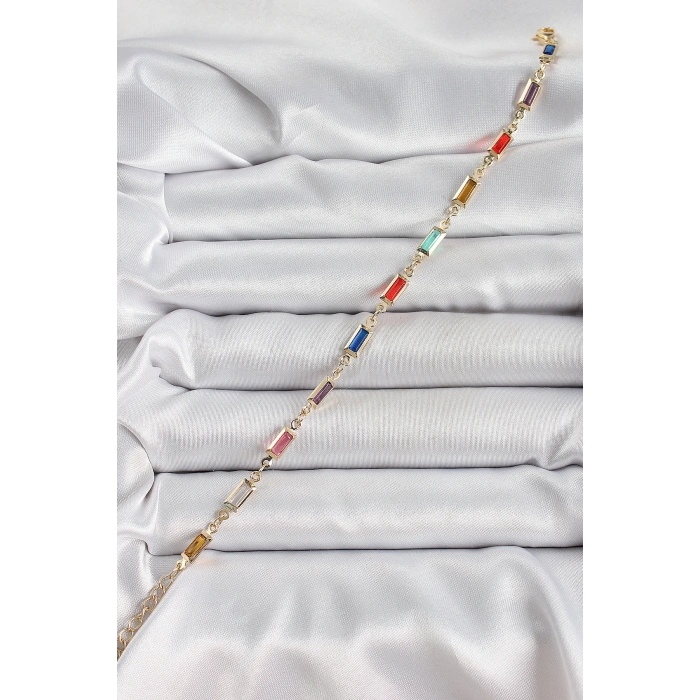 BFS Pirinç Gold Renk Karışık Renkli Kare Zirkon Taşlı Kadın Bileklik