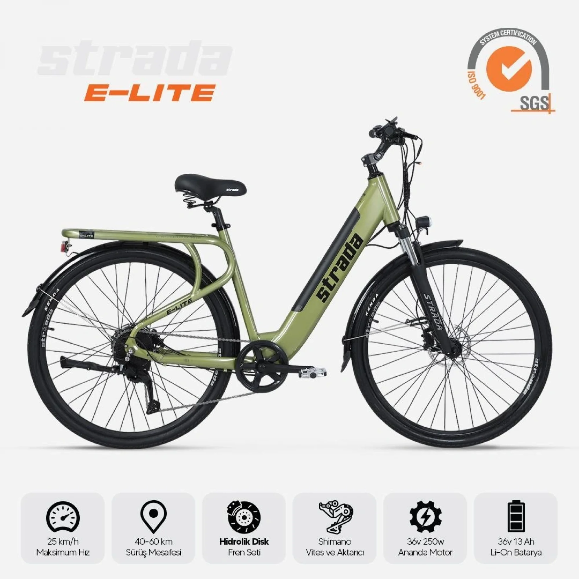 Strada E-Lite Elektrikli Bisiklet 250W 28 Jant 8 Vites Şehir Haki Yeşil-Siyah