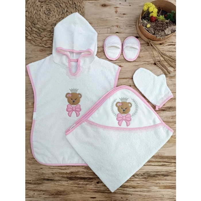 0-1 Yaş Bear Nakışlı Pareolu 4lü Kız Bebek Havlu Silgi Takımı Pembe