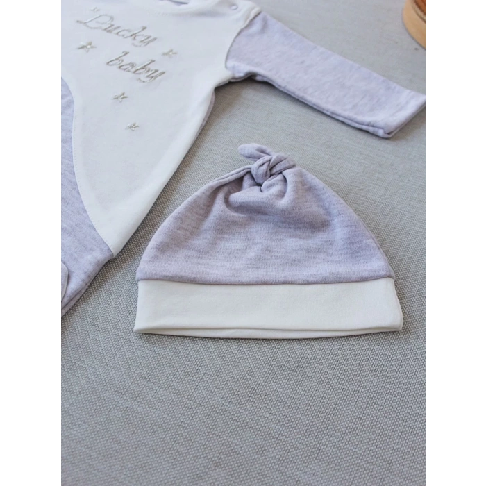 0-3 3-6 Ay Lucky Baby Nakışlı Es Çizgi Boy Şapkalı Erkek Bebek Tulumu Kahvemelanj