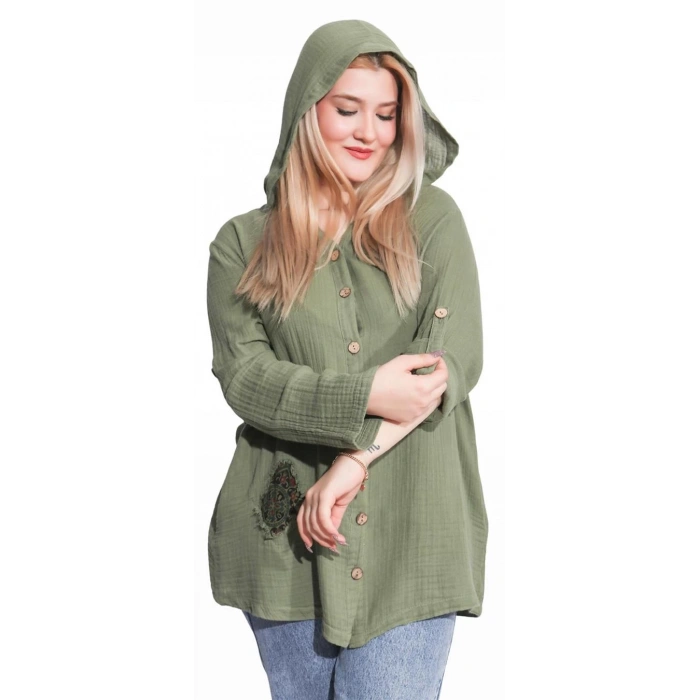 125006 Müslin Kumaş Kapşonlu Kadın Gömlek Haki
