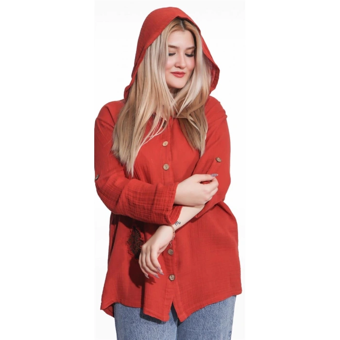 125006 Müslin Kumaş Kapşonlu Kadın Gömlek Kiremit