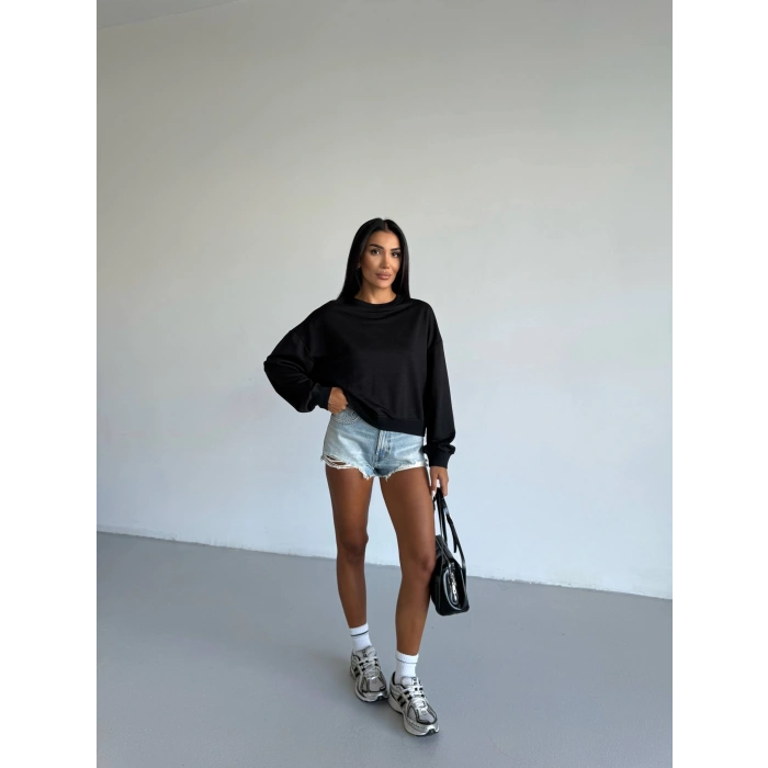 2 iplik bisiklet yaka sweat siyah f2339